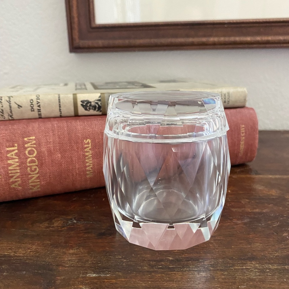Vintage Midcentury Crystal Lidded Jar Faceted Barrel Shaped Jar Vintage Glass